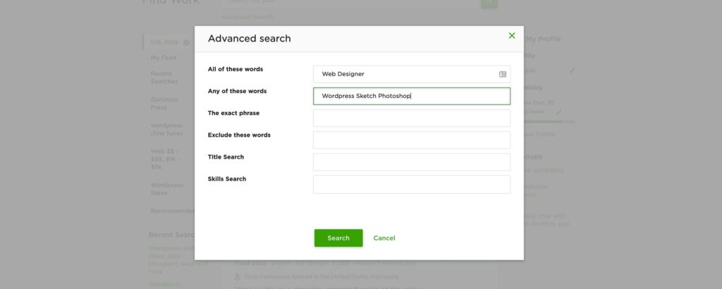 Upwork Screenshot of Advanced Search
