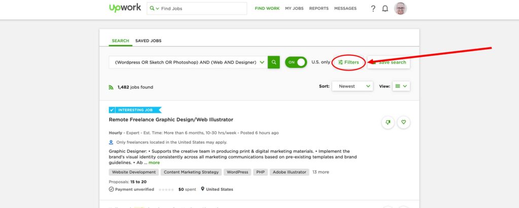 Upwork Screen Shot Filtered Search