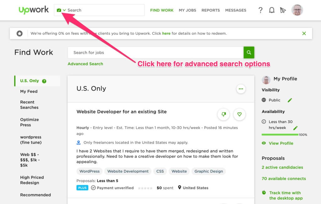 Upwork job board with arrow pointing where to click to find advanced search options