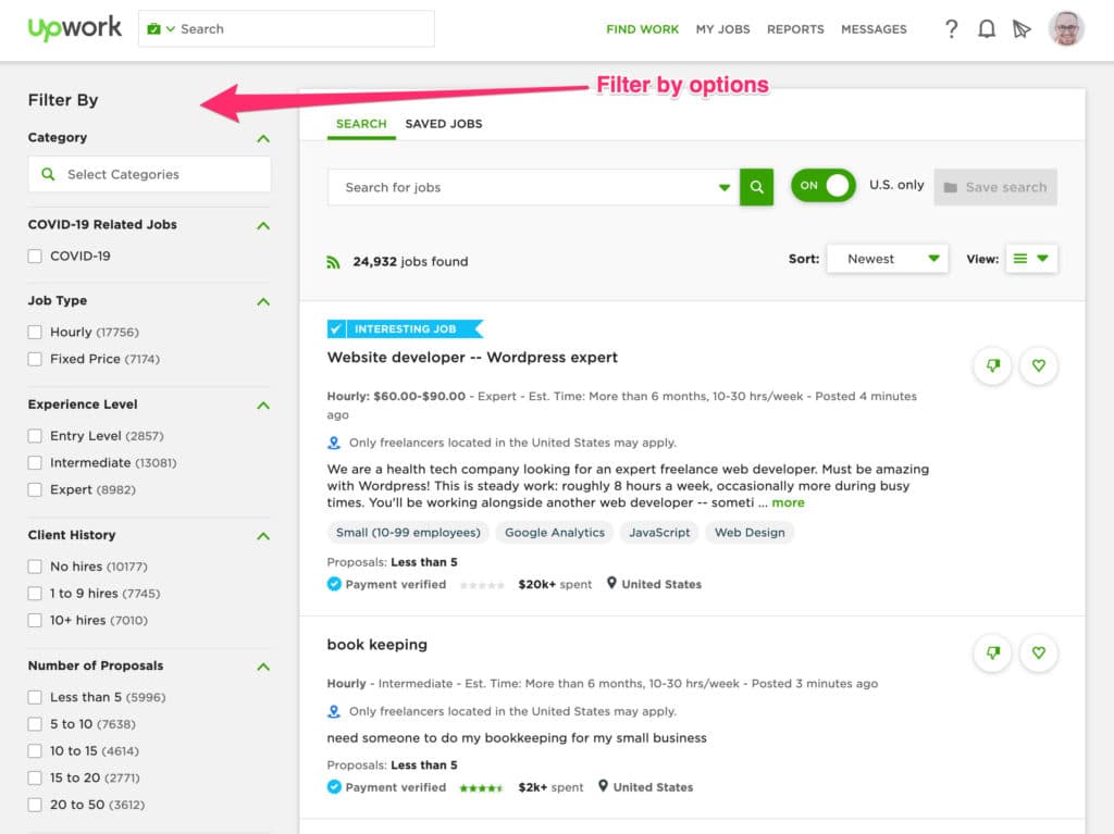 Filter options on the advanced search  in Upwork