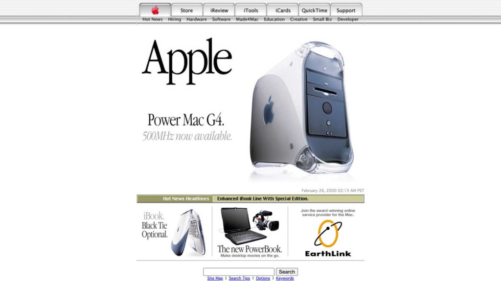 A snapshot of the Apple website in 2000 showing the progression of older trends to 2021 web design trends