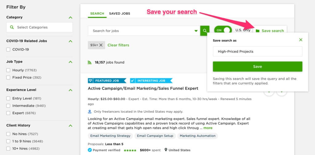 Screenshot showing you how to save your search to find high-paying clients on Upwork