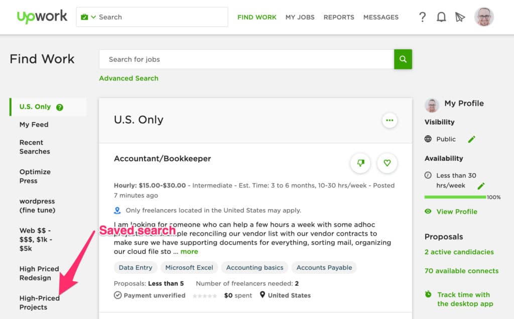 Saved search for high-paying clients on Upwork
