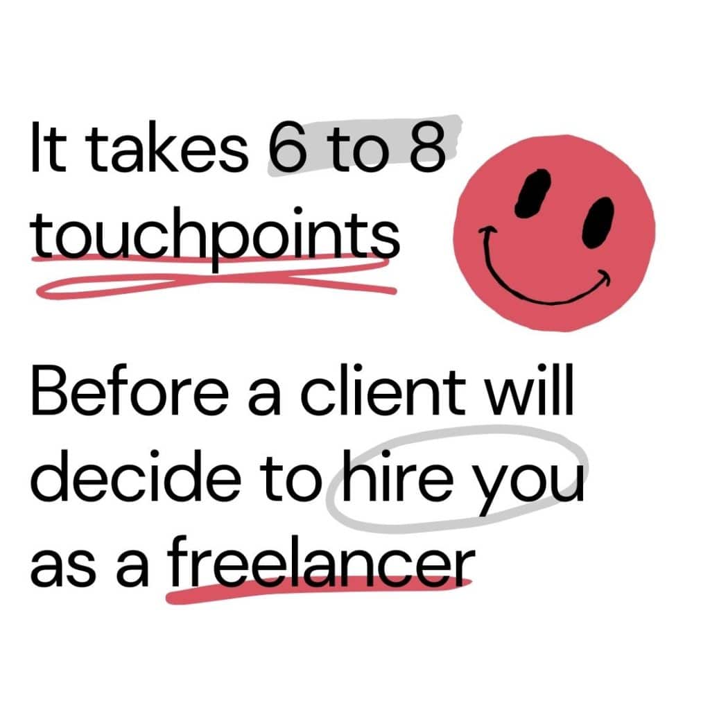 Text that reads "It takes 6 to 8 touchpoints before a client will decide to hire you as a freelancer"