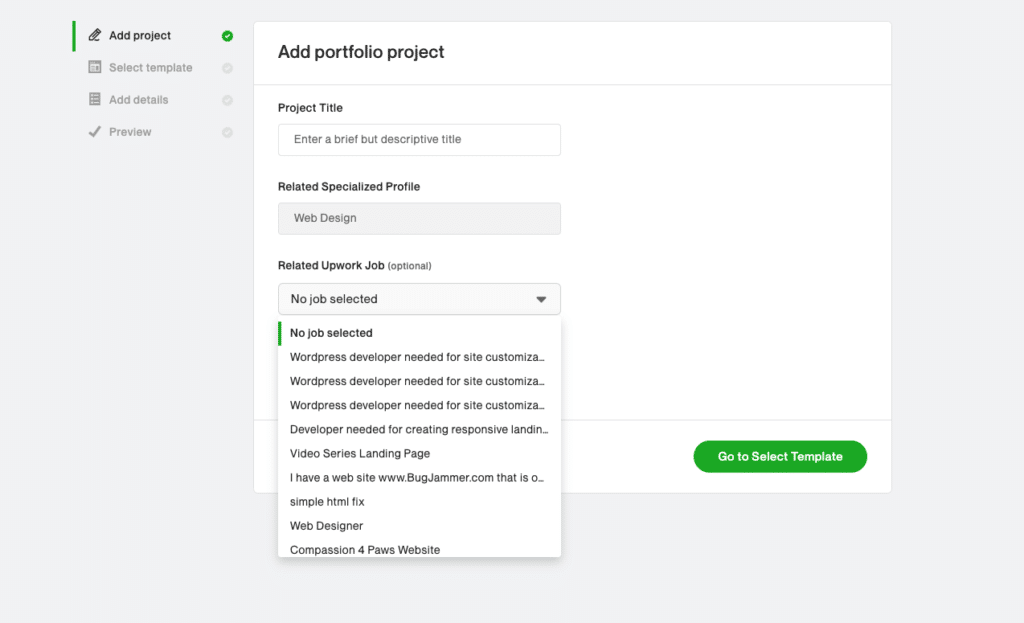 Screenshot showing you how to tie your portfolio to an actual project on your Upwork profile