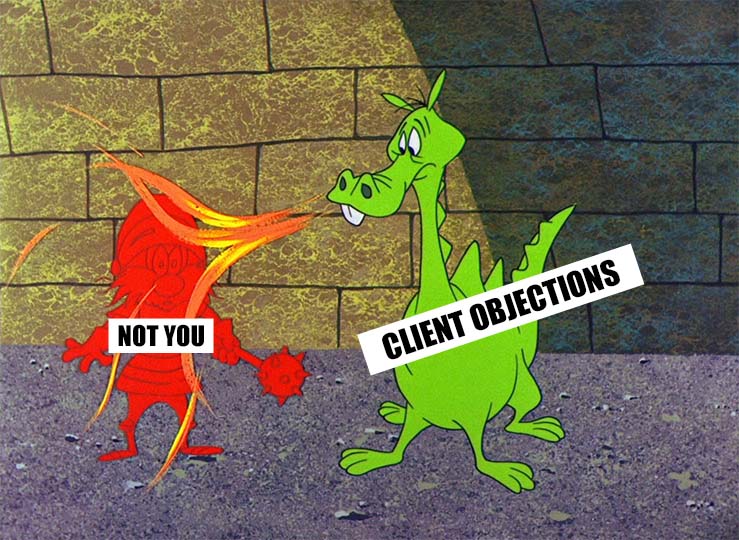 A dragon breathing fire on Yosemite Sam to symbolize how freelancers react when a client has objections