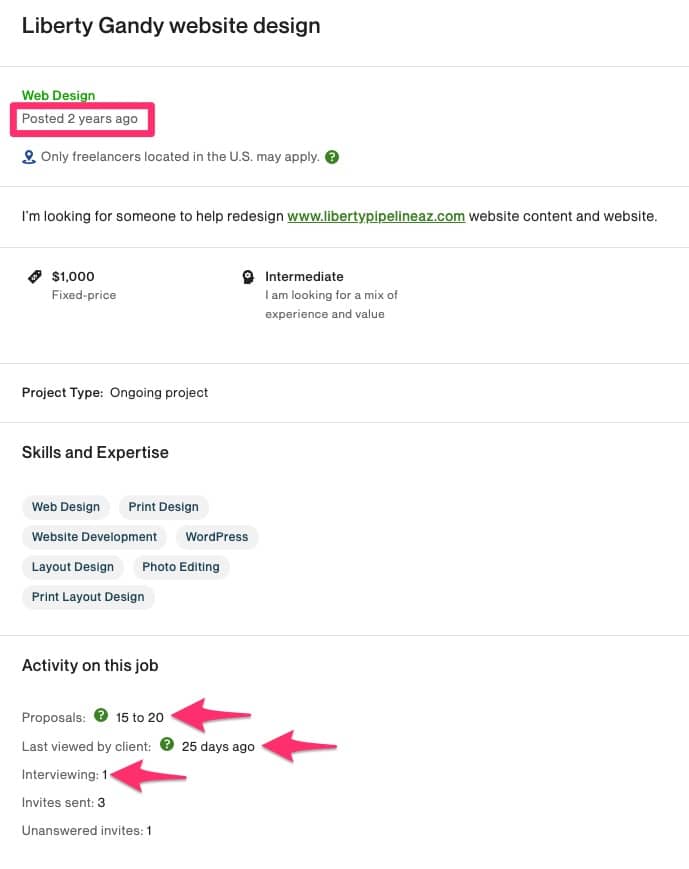 a screenshot of an upwork project showing you how to determine if a project is stale
