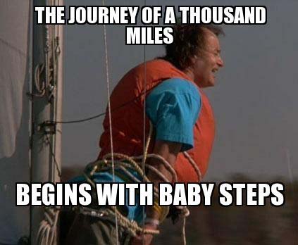 a picture of Bill Murray in the movie What About Bob with a text that says "The Journey of a thousand miles begins with baby steps" to illustrate how important baby steps are to avoid trouble with web design revisions