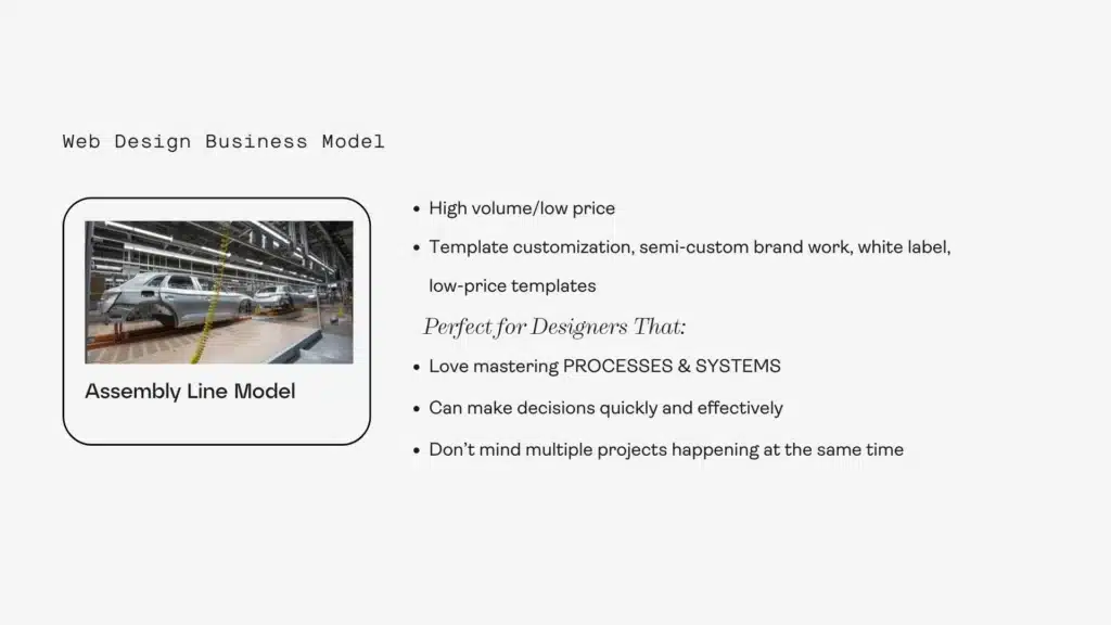 An image that outlines the web design business model of an assembly line model