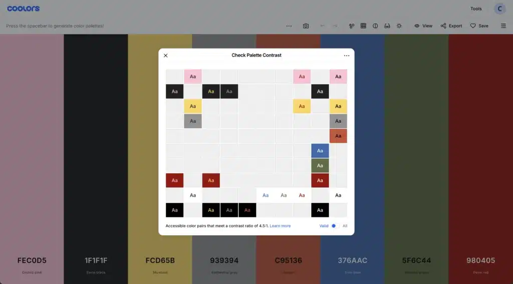 Coolors color contrast tool