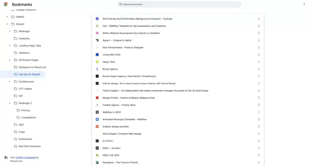 My creative web design bookmark folder on chrome