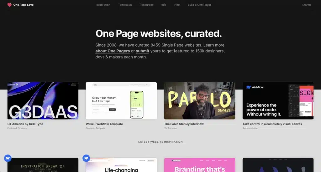 One Page Love creative web design curation for single page websites