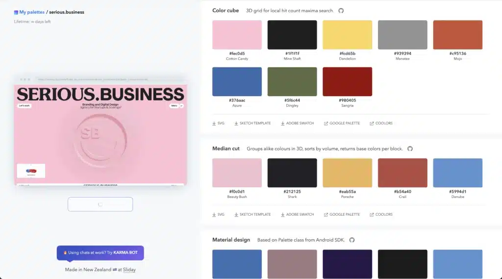 Site palette results for a website