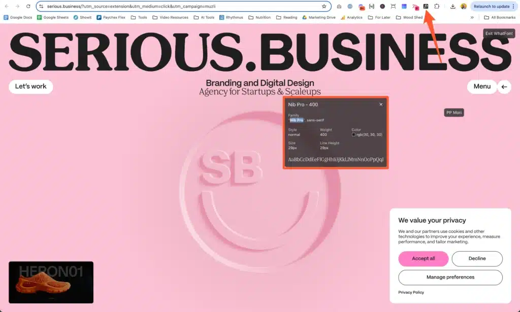 Chrome Extension "What Font" in use on a website to help with web design side hustle projects