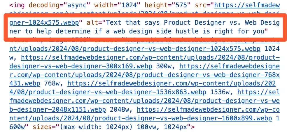 Screenshot of the html of an image with the alt tag highlighted