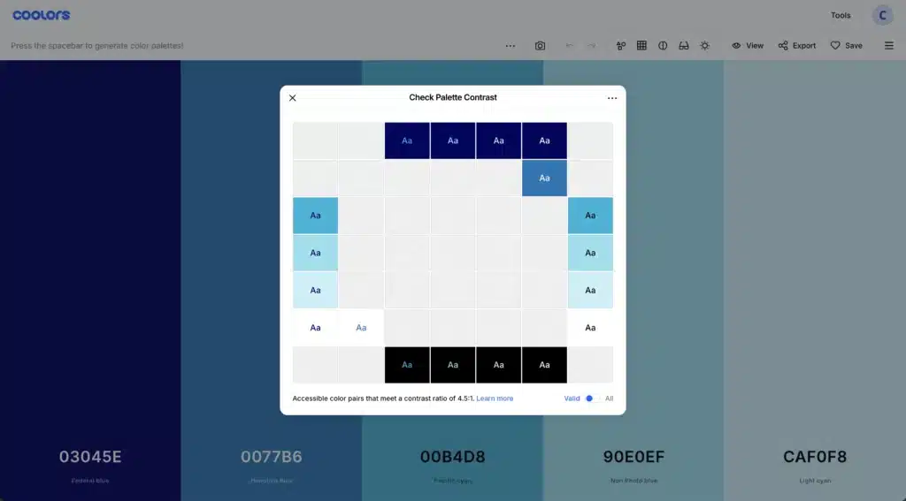 Color contrast checker on Coolors