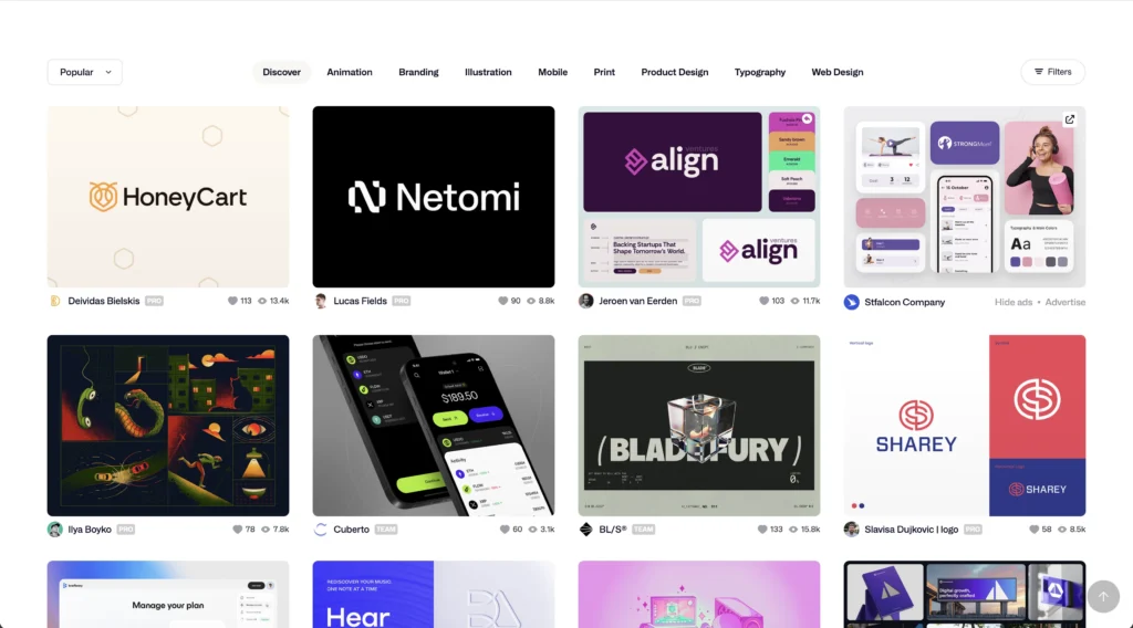 Dribbble feed for web design inspiration