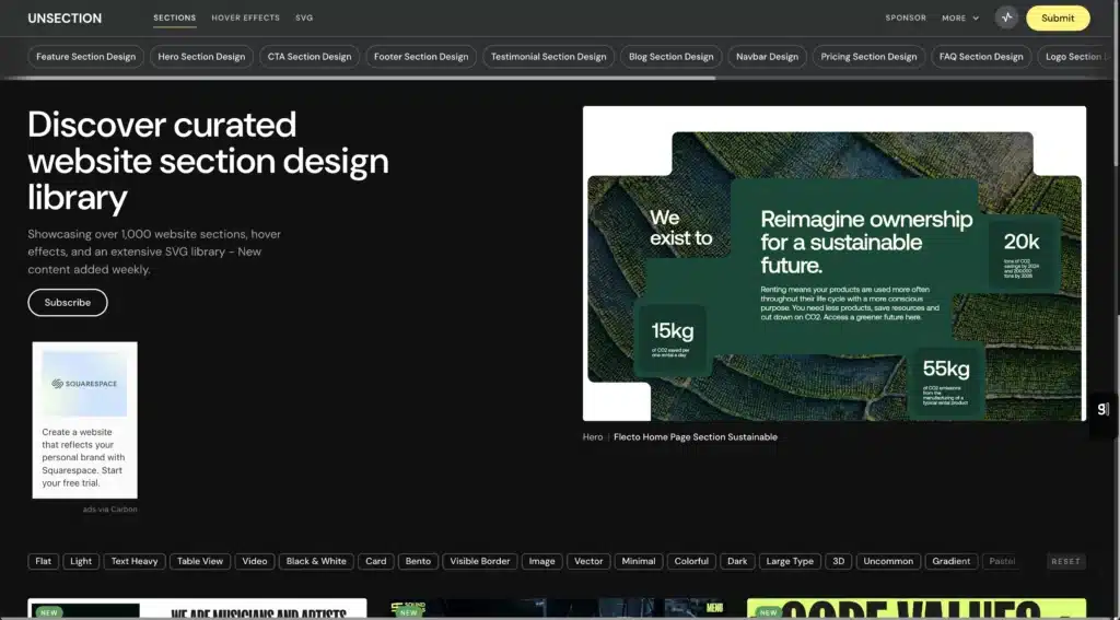 Unsection website web design inspiration for specific sections of websites