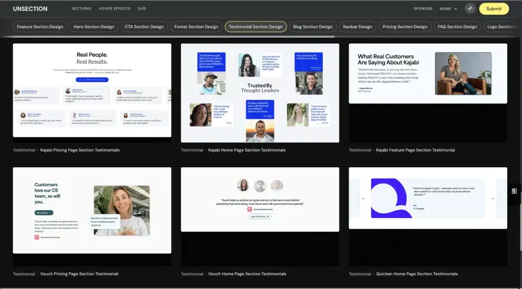 unsection website with testimonial section design highlighted