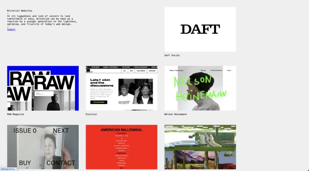 Brutalist Websites home page as a source of web design inspiration