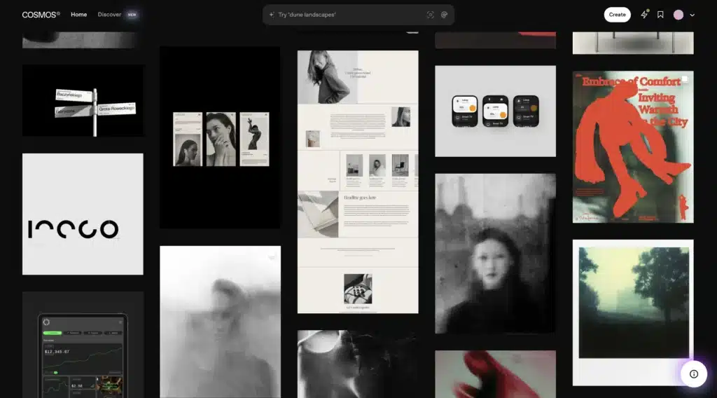 Cosmos home screen with web design inspiration