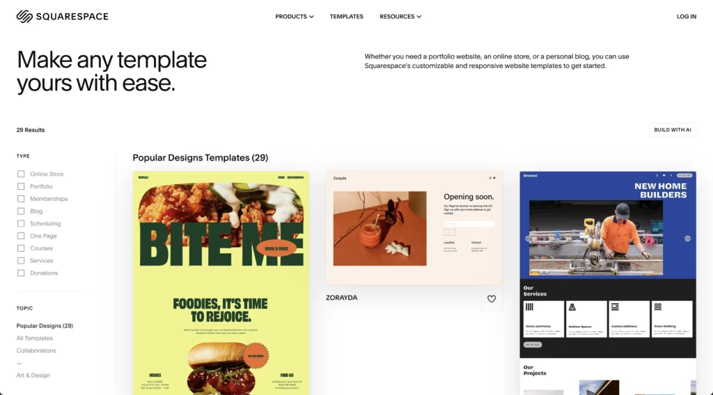 SquareSpace template page. A source for web design inspiration