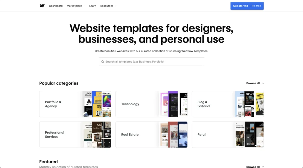 Webflow template store for web design inspiration