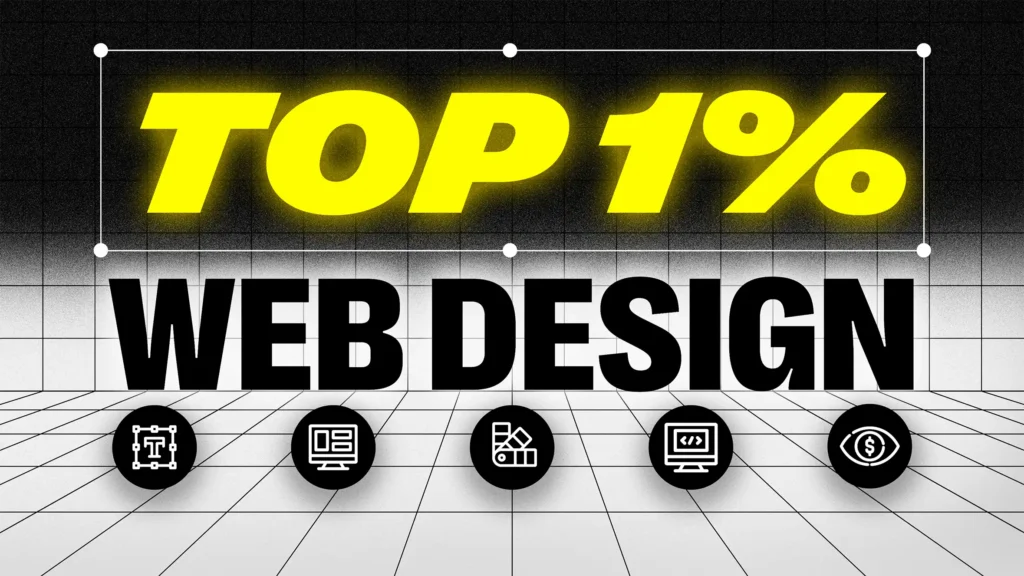 "Top 1% web design graphic showing five essential skills required for a web designer with icons for typography, layout, color, code and conversion