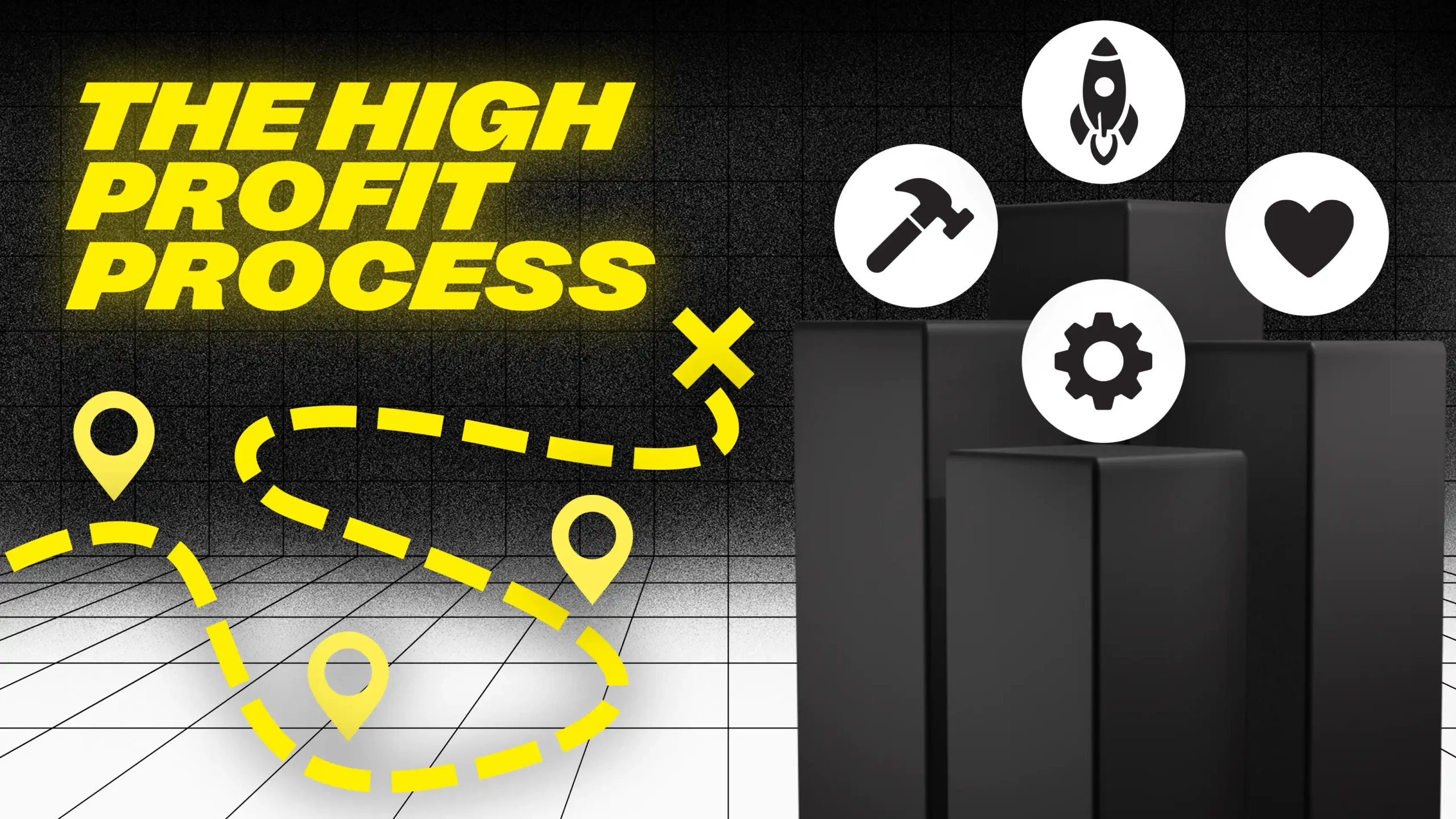 A course thumbnail showing four module icons — rocket, hammer, gear, and heart — floating above dark 3D blocks on a black grid background, with a yellow dotted path and map pins in the lower left and bold yellow text reading "The High Profit Process" on the left side.